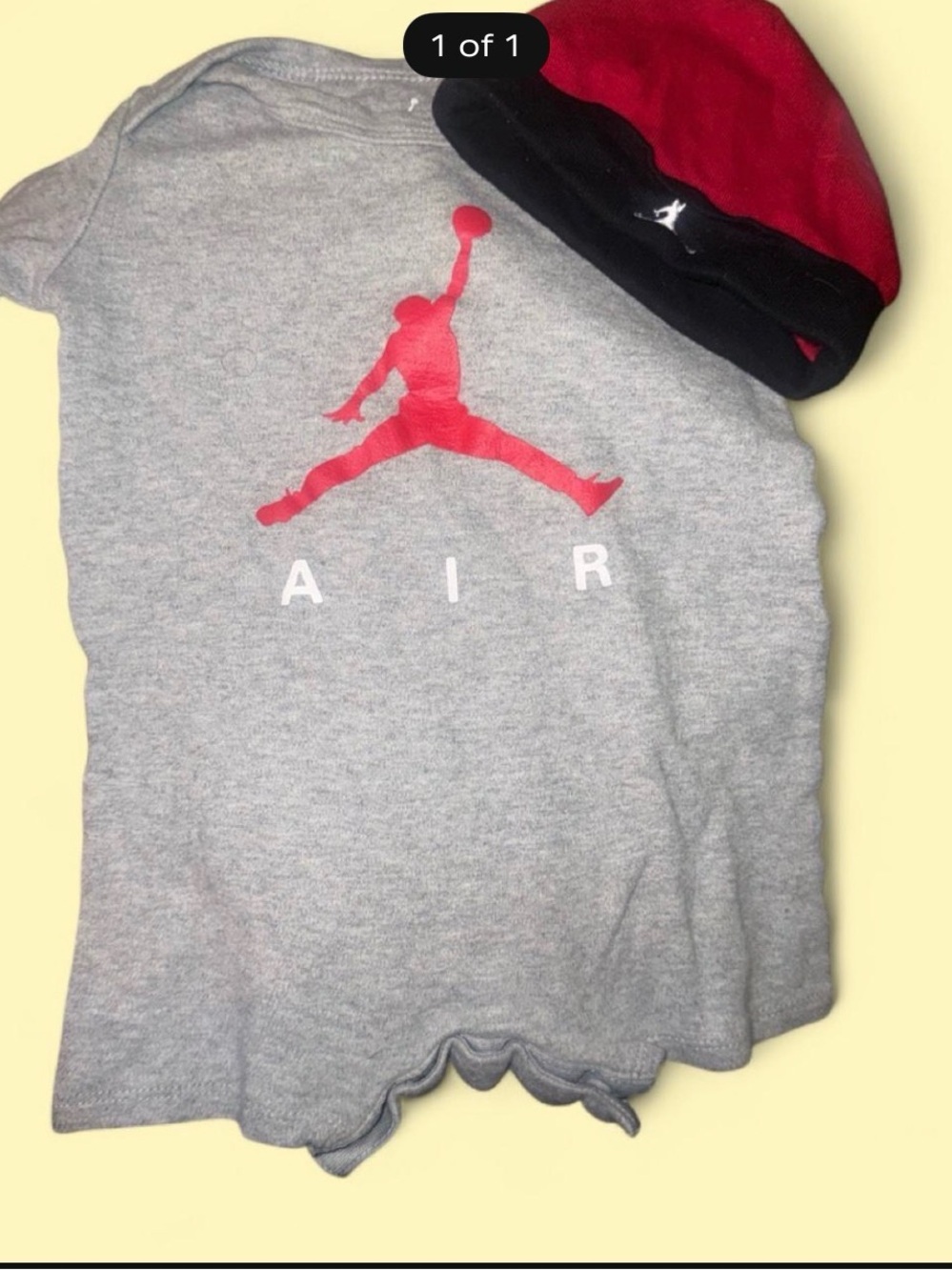 Jordan Grey Kids romper with Red Jumpman Logo and beanie set